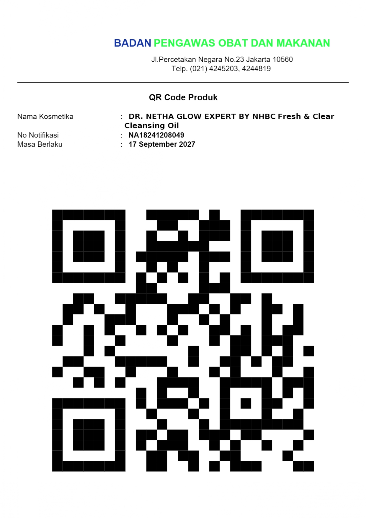 Nomor BPOM Fresh Clear Cleansing Oil